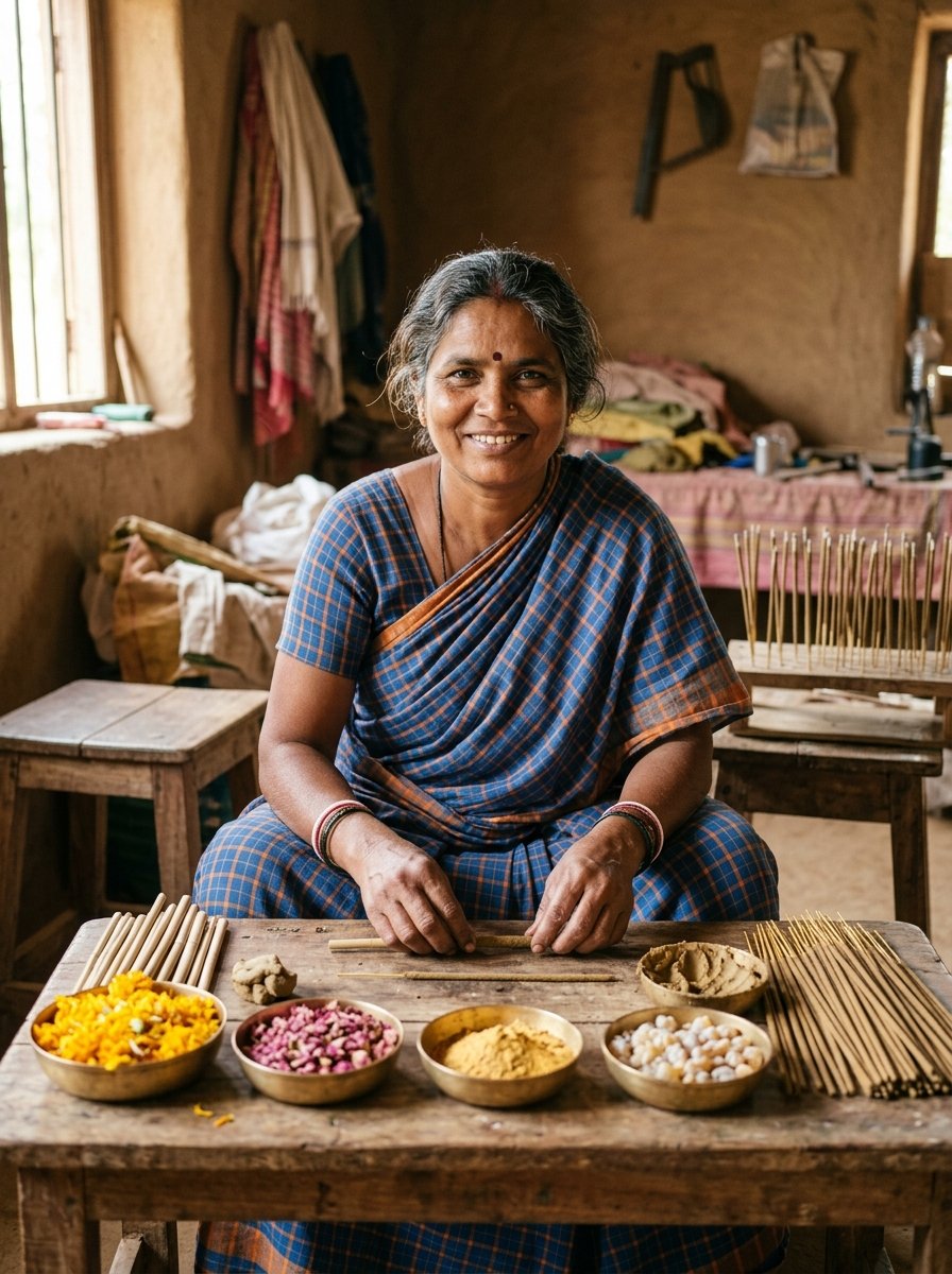 Artisan handcrafting 100% charcoal-free incense for Shwet using temple flowers and botanical resins