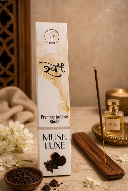 SHWET Premium Musk Agarbatti Incense Sticks| Charcoal Free| Natural Fragrance| Low Smoke| Long Burning Time| for Pooja, Meditation, Home & Relaxation (Musk Luxe)