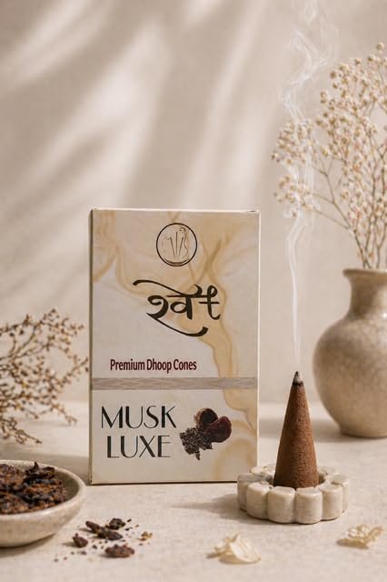 SHWET Premium Musk Dhoop Cones | Bambooless & Charcoal Free | Natural Fragrance | Low Smoke | 25 Min Burning | for Pooja, Meditation & Home| Free Dhoop Cone Holding Plate Included. (Musk Luxe)