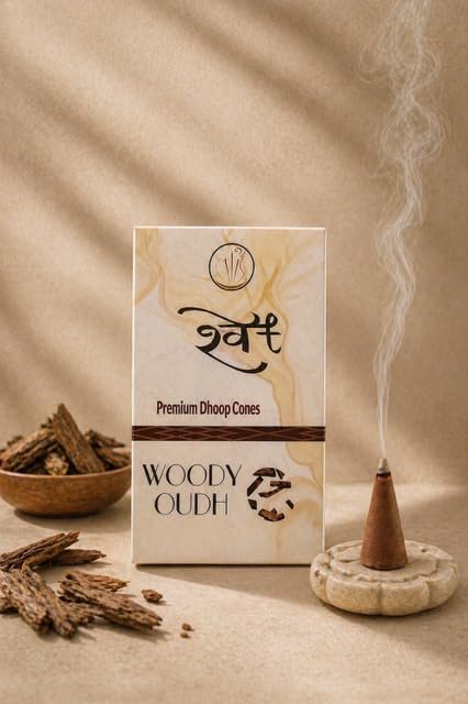 SHWET Premium Oud Dhoop Cones | Bambooless & Charcoal Free | Natural Fragrance | Low Smoke | 25 Min Burning | for Pooja, Meditation & Home| Free Dhoop Cone Holding Plate Included. (Woody Oudh)