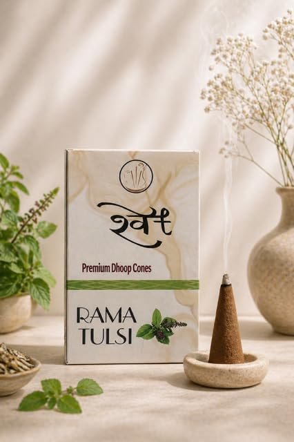 SHWET Premium Tulsi Dhoop Cones | Bambooless & Charcoal Free | Natural Fragrance | Low Smoke | 25 Min Burning | for Pooja, Meditation & Home| Free Dhoop Cone Holding Plate Included. (Rama Tulsi)
