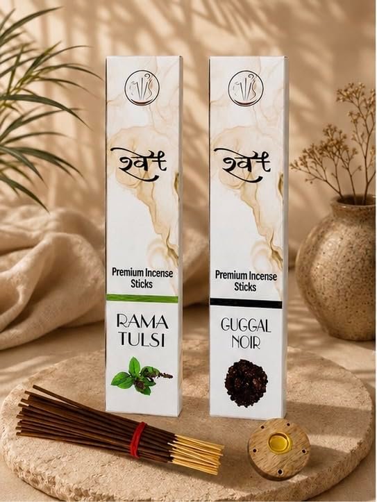 SHWET Tulsi+Guggal Incense Sticks| Premium Agarbatti Combo Pack| Charcoal Free| Natural Fragrance| Long Burning| Low Smoke|60 Sticks+Free Incense Holder| for Pooja & Meditation (Purification)