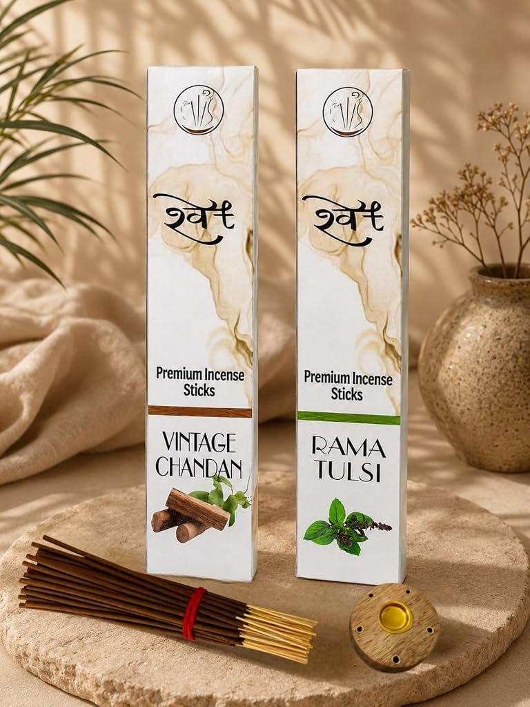 SHWET Tulsi+Chandan Incense Sticks| Premium Agarbatti Combo Pack| Charcoal Free| Natural Fragrance| Long Burning| Low Smoke|60 Sticks+Free Incense Holder| for Puja & Meditation Daily Puja & Calm