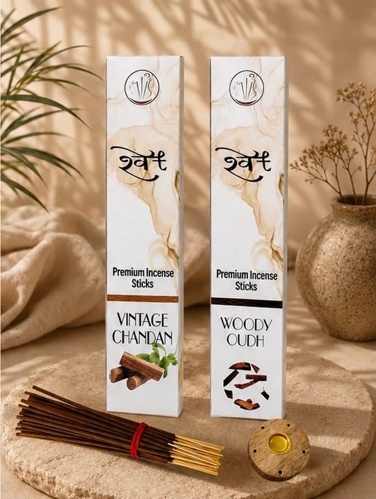 SHWET Chandan+Oud Incense Sticks| Premium Agarbatti Combo Pack| Charcoal Free| Natural Fragrance| Long Burning| Low Smoke|60 Sticks+Free Incense Holder| for Home & Puja (Royal Rituals)