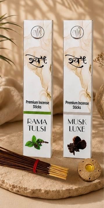SHWET TULSI+Musk Incense Sticks| Agarbatti Combo Pack| Charcoal Free| Natural Fragrance| Long Burning| Low Smoke|60 Sticks+Free Incense Holder| for Pooja, Meditation & Relaxation (Modern Warmth)