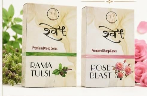 SHWET Premium Rose+Tulsi Dhoop Cones Combo| Charcoal & Chemical Free| Natural Fragrance| Free Storage Container| 25 Minutes Burning| Pack of 2 (Sacred Rose)
