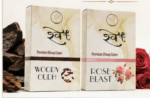 SHWET Premium Rose+Oud Dhoop Cones Combo| Charcoal & Chemical Free| Natural Fragrance| Free Storage Container| 25 Minutes Burning| Pack of 2 (Royal Oud Blossom)