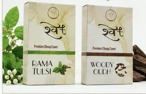 SHWET Premium Tulsi+Oud Dhoop Cones Combo| Charcoal & Chemical Free| Natural Fragrance| Free Storage Container| 25 Minutes Burning| Pack of 2 (Temple Oud Harmony)