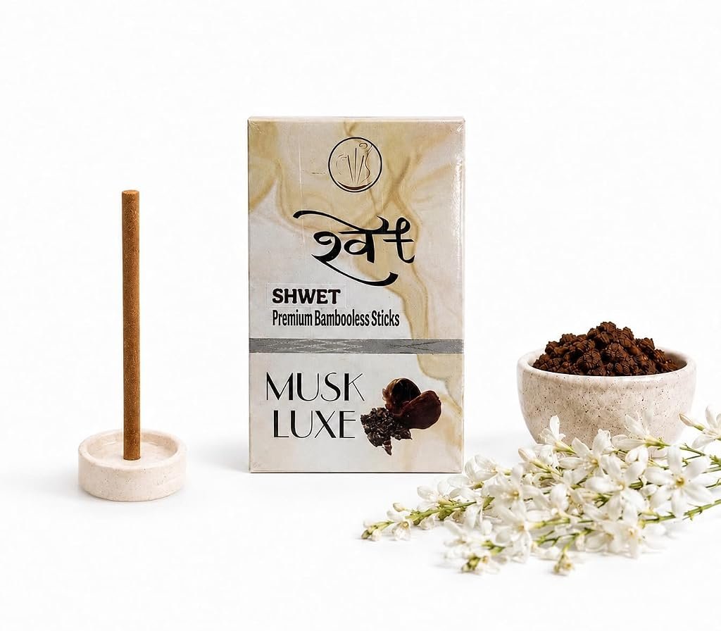 SHWET Premium Musk Bambooless Incense Dhoop Sticks|Ceramic Stand Inside|35N