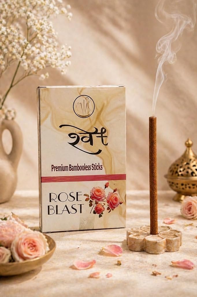 SHWET Premium Rose Bambooless Incense Dhoop Sticks|Ceramic Stand Inside|35N
