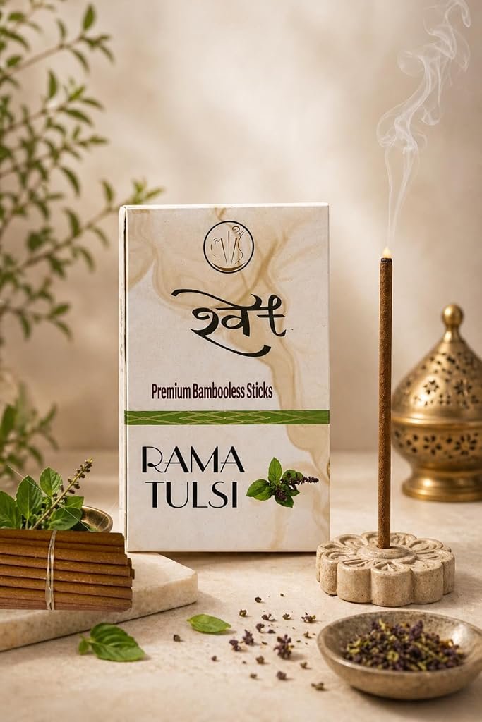 SHWET Premium Tulsi Bambooless Incense Dhoop Stick|Ceramic Stand Inside|35N