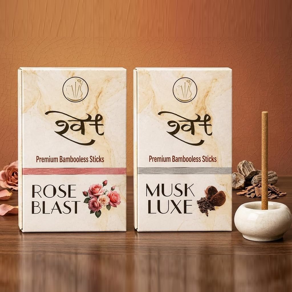SHWET Premium Musk & Rose Bambooless Dhoop Sticks Combo| Ceramic Stand| 70N