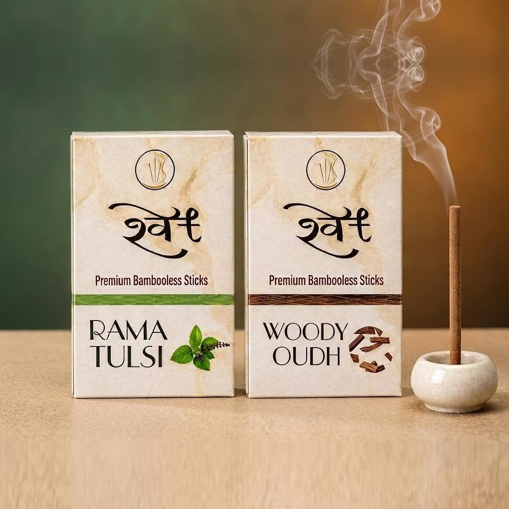 SHWET Premium Oud & Tulsi Bambooless Dhoop Sticks Combo| Ceramic Stand| 70N