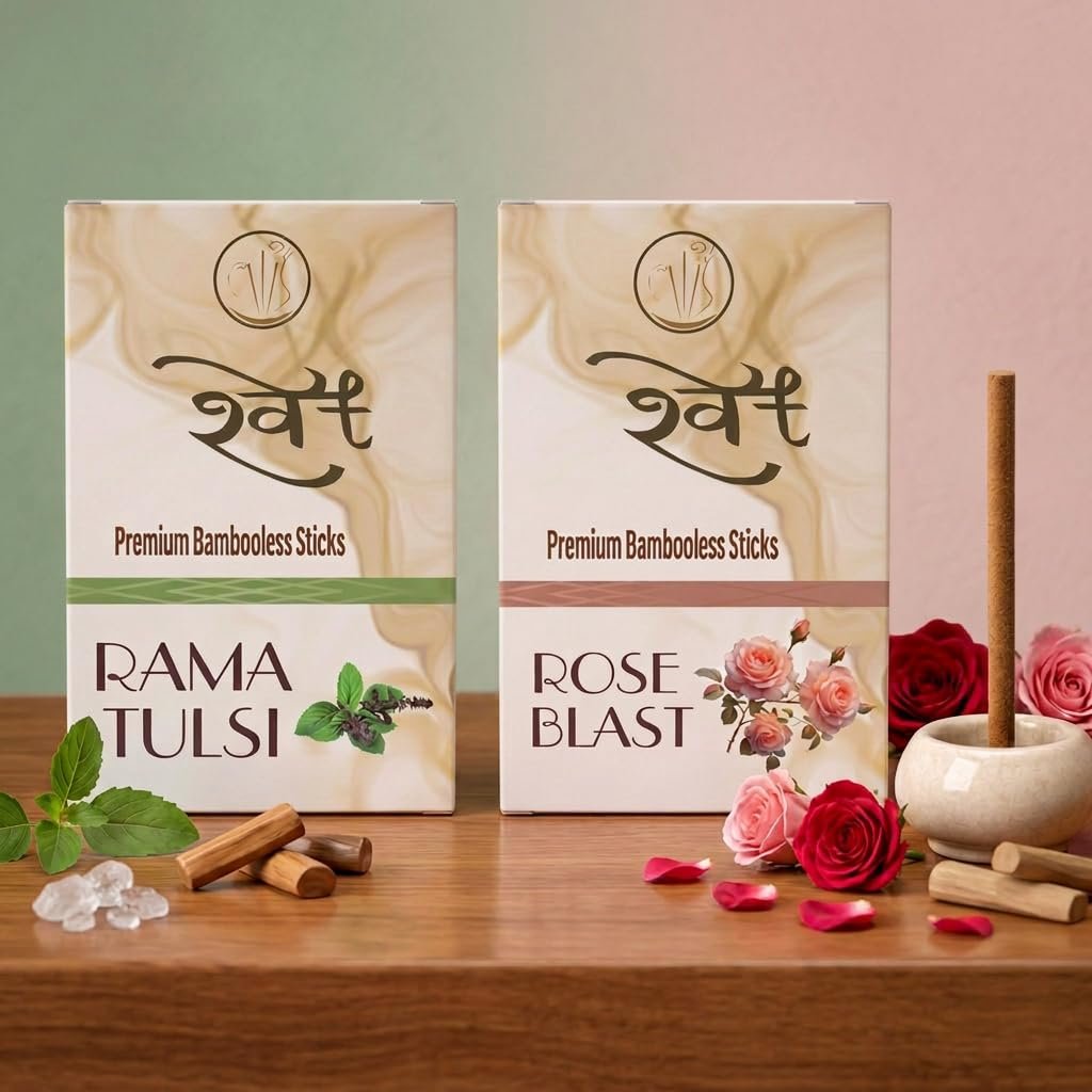 SHWET Premium Rose & Tulsi Bambooless Dhoop Stick Combo| Ceramic Stand| 70N