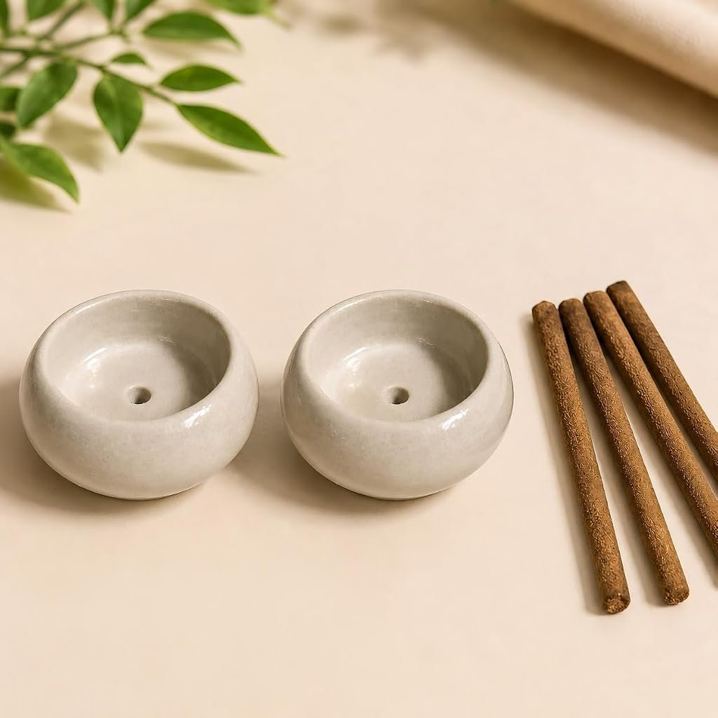 SHWET Ceramic Incense Holder Set of 2 – Ceramic Stand for Incense Sticks, Cones & Dhoop Cups | Minimalist Dhoop Dani & Ash Catcher for Home, Pooja, Meditation, Yoga & Décor